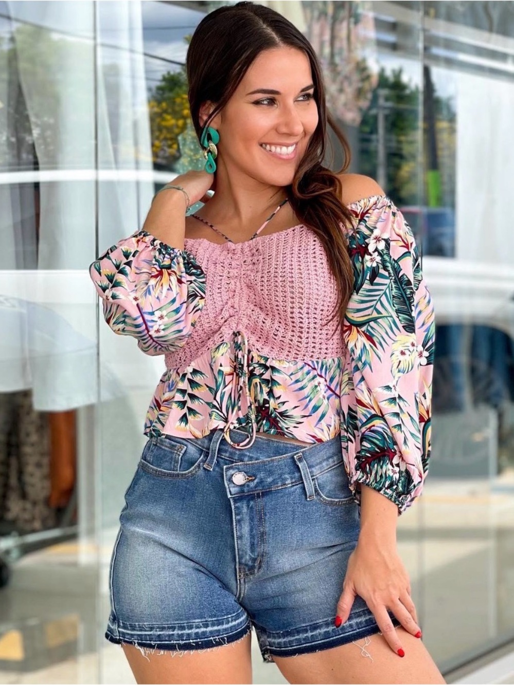 Milk & Honey Smocked Off-Shoulder Pink Crochet Tropical Floral Blouse
